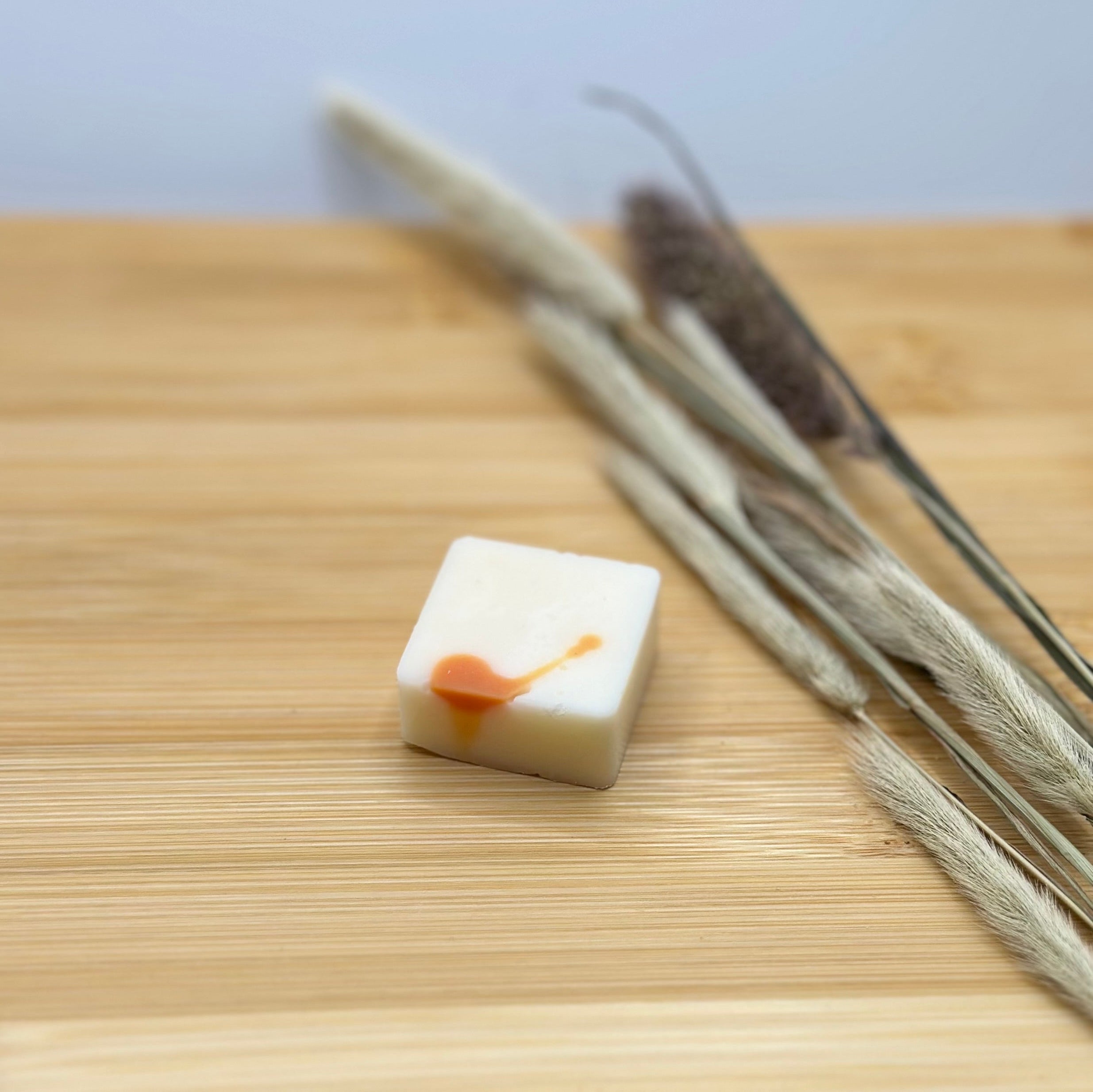 Detail van Pure Melts Fruity Passion wax melt – handgemaakt geurblokje van koolzaadwas met amber en perzik
